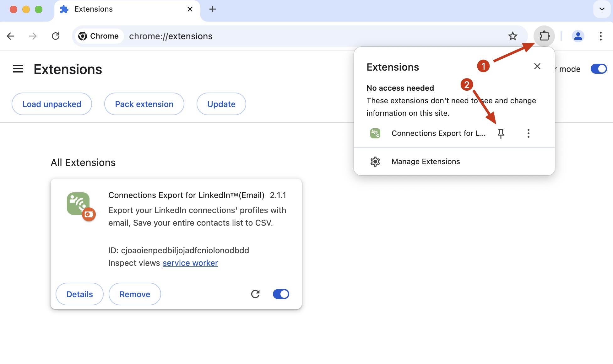 LinkedIn Connections Exporter chrome extension install pin